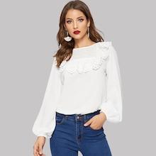Romwe Bishop Sleeve Eyelet Embroidered Ruffle Yoke Top