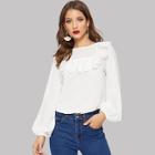 Romwe Bishop Sleeve Eyelet Embroidered Ruffle Yoke Top