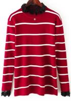 Romwe Striped Lace High Neck Red Sweater