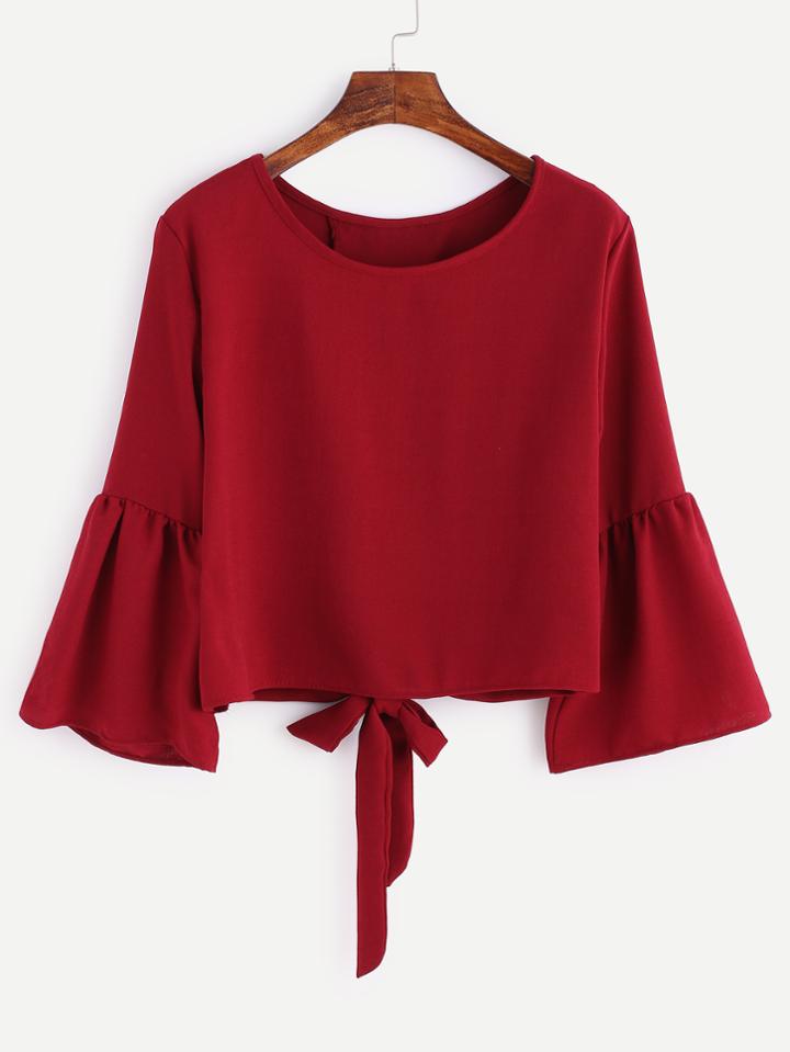 Romwe Burgundy Bell Sleeve Bow Tie Back Blouse