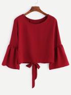 Romwe Burgundy Bell Sleeve Bow Tie Back Blouse