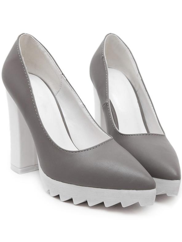 Romwe Grey Point Toe High Block Heel Pumps