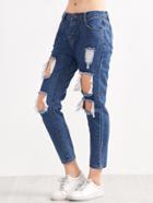 Romwe Blue Distressed Ripped Denim Jeans