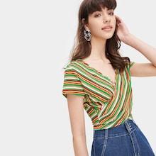 Romwe Striped Surplice Front Crop Tee