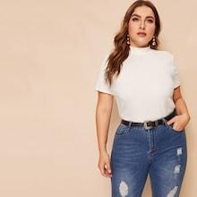 Romwe Plus Mock Neck Rib-knit T-shirt