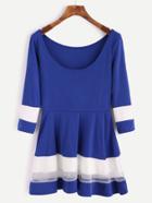 Romwe Royal Blue Scoop Neck Contrast Mesh Peplum Top