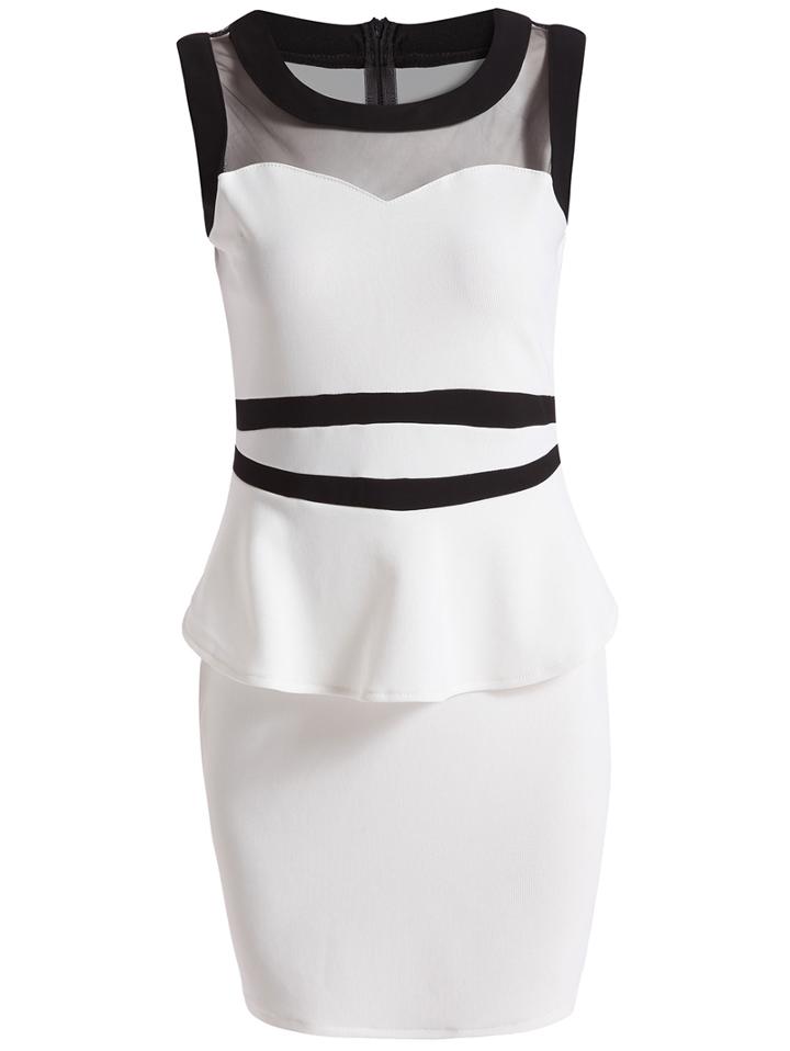 Romwe Contrast Mesh Peplum Waist Bodycon White Dress