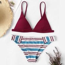 Romwe Triangle Top With Striped Low Rise Bikini Set