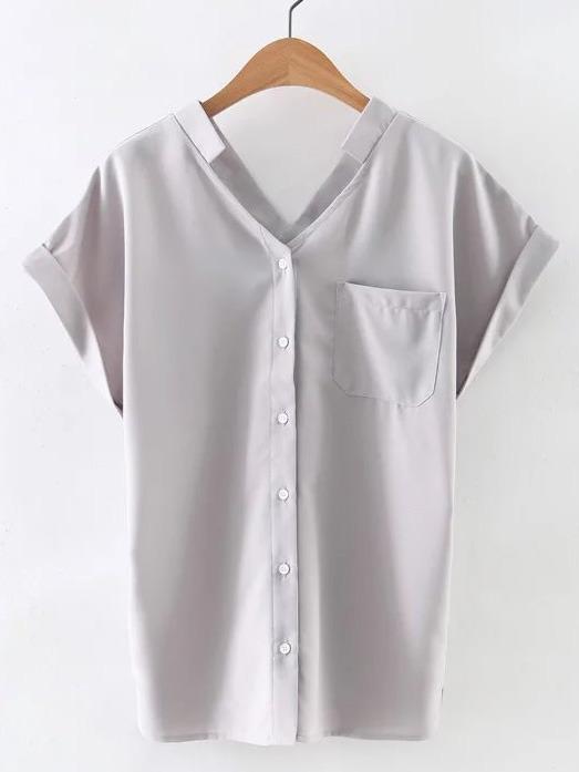 Romwe Grey Roll-up Cuff Buttons Front Pocket Chiffon Blouse