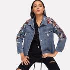 Romwe Pearls Contrast Sequin Ripped Denim Jacket