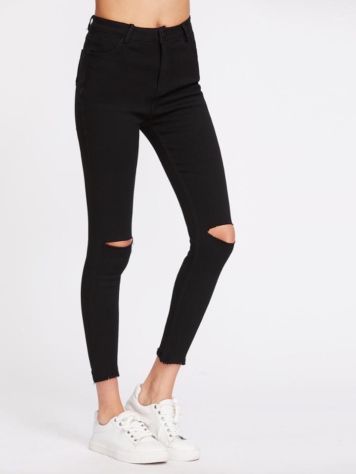 Romwe Knee Cut Frayed Hem Skinny Jeans