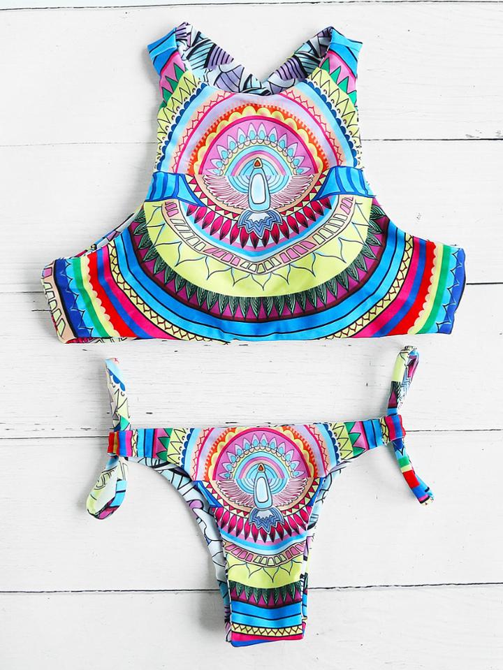 Romwe Graphic Print Reversible Bikini Set