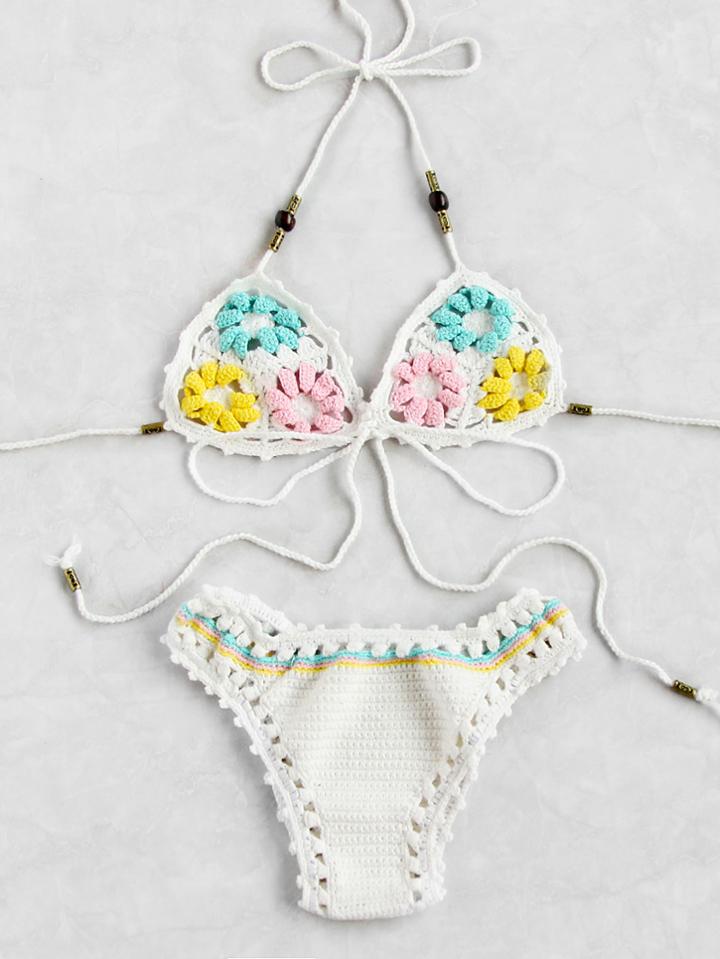 Romwe Flower Embellished Strappy Crochet Bikini Set