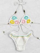 Romwe Flower Embellished Strappy Crochet Bikini Set