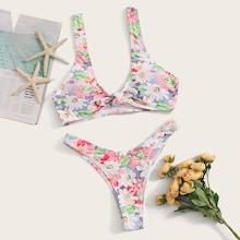 Romwe Random Floral Tie Front Top With High Leg Bikini Set