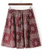 Romwe Burgundy Elastic Waist Floral Skirt