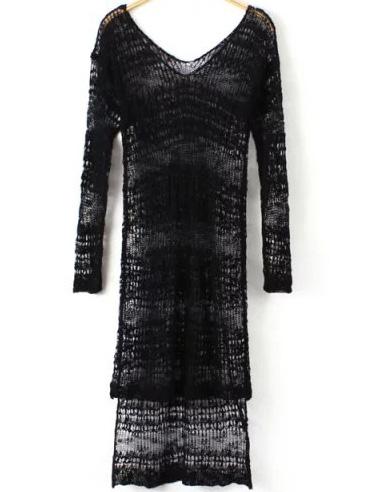 Romwe V Neck Hollow High Low Black Dress