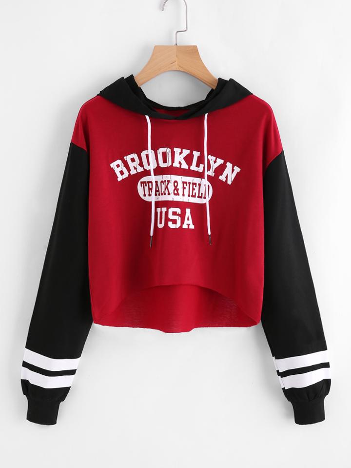 Romwe Letter Print Dip Hem Contrast Striped Sleeve Hoodie