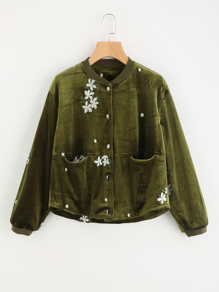Romwe Flower Embroidered Velvet Jacket
