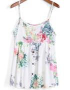 Romwe Spaghetti Strap With Buttons Florals White Cami Top