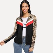 Romwe Leopard Print Zipper Up Sweatshirt