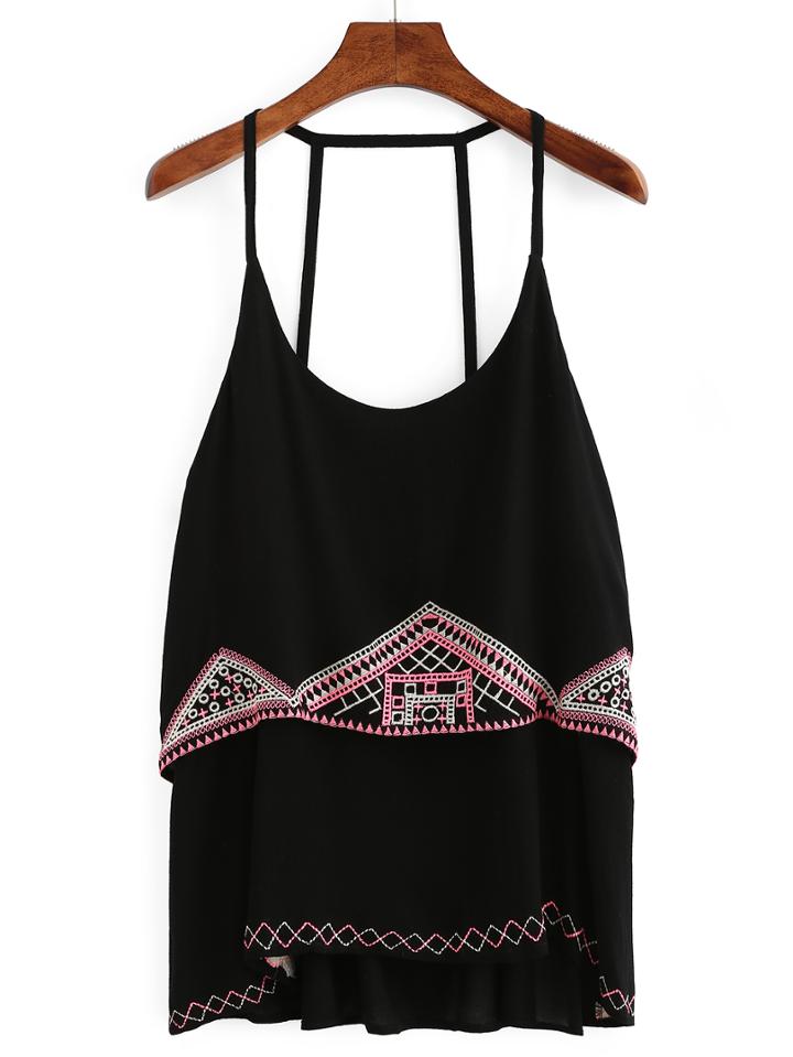 Romwe Layered Embroidery Cami Top - Black