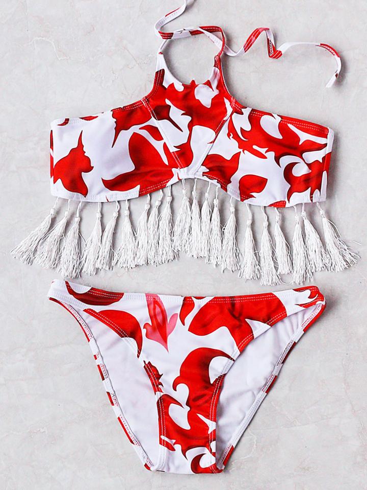 Romwe Red Fringe Trim Halter Bikini Set