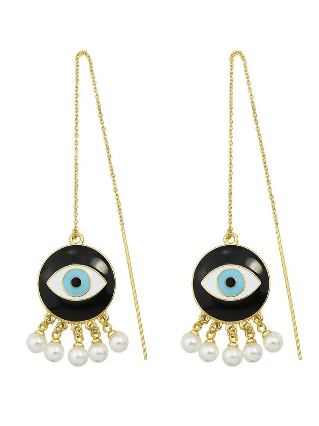 Romwe Gold Pearl Eye Shape Long Earrings