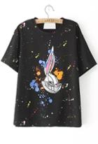 Romwe Rabbit Speckled Print Black T-shirt