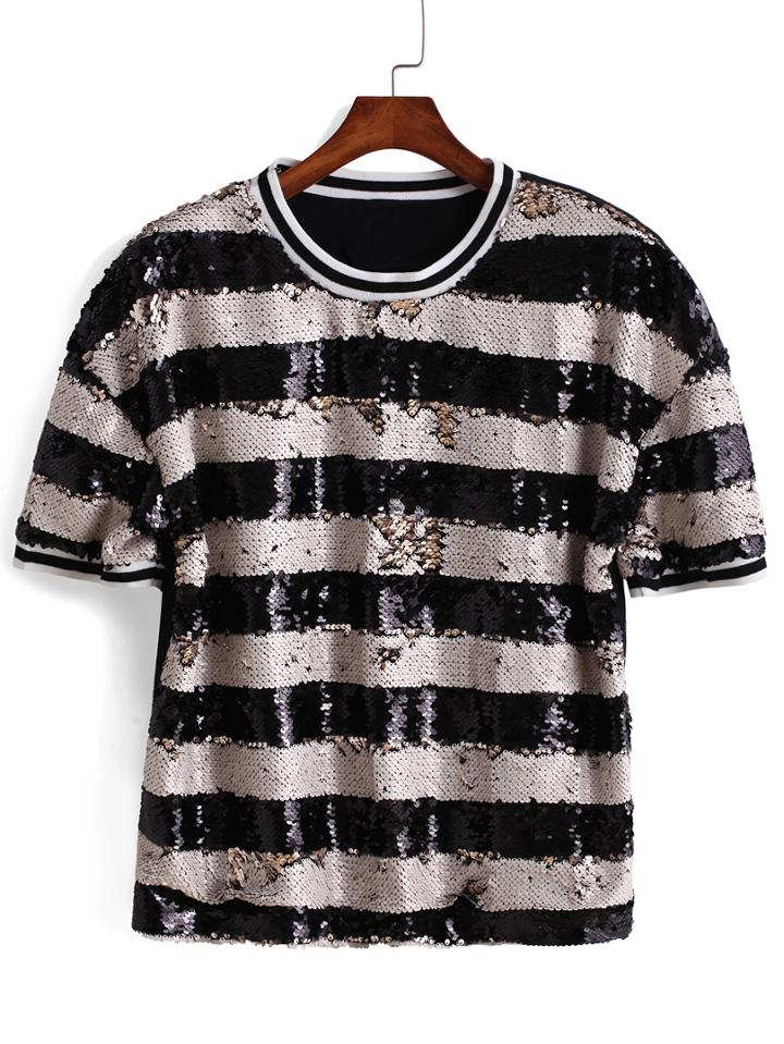 Romwe With Sequined Striped T-shirt