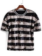 Romwe With Sequined Striped T-shirt