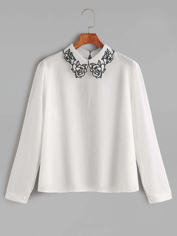 Romwe White Rose Embroidery Collar Keyhole Back Blouse
