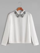 Romwe White Rose Embroidery Collar Keyhole Back Blouse