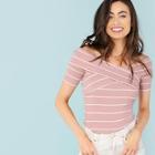 Romwe Crisscross Front Striped Ribbed Tee