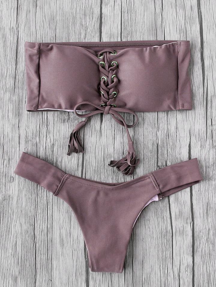 Romwe Eyelet Lace Up Tassel Bandeau Bikini Set