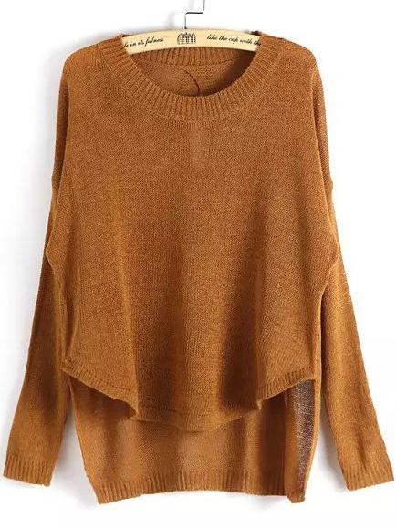 Romwe Dip Hem Knit Khaki Sweater
