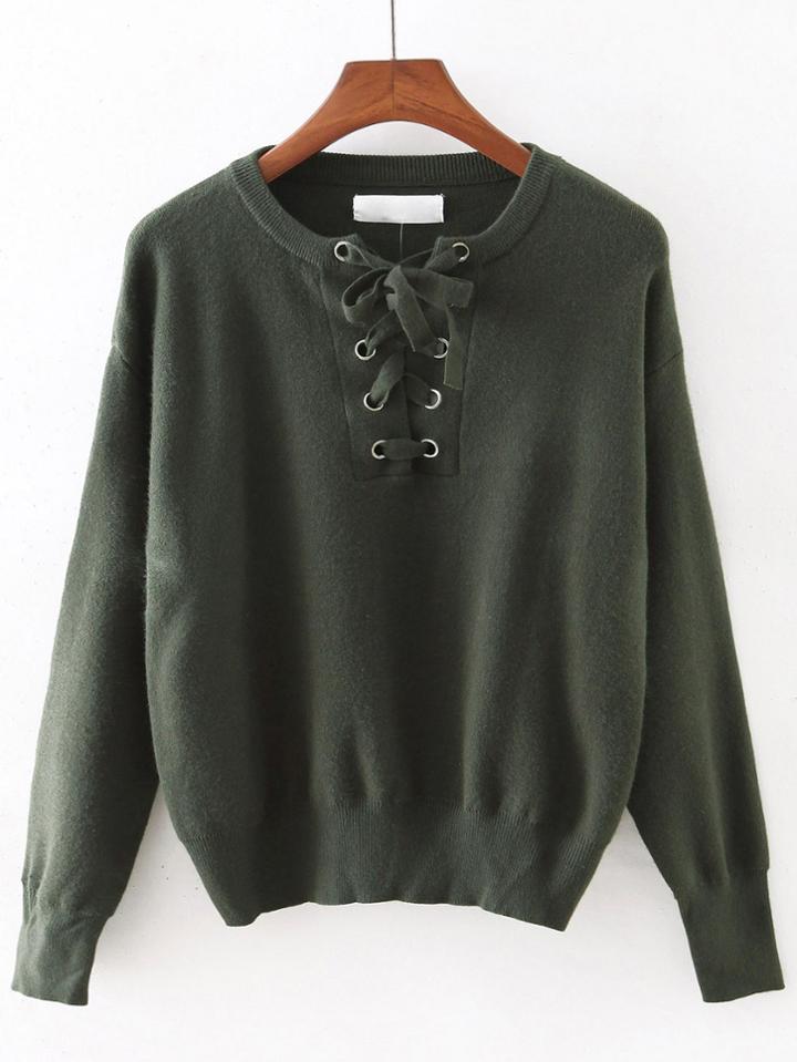 Romwe Jasper Elastic Cuff Lace Up Sweater