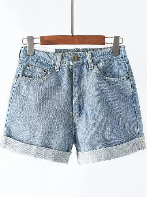 Romwe Light Blue Roll Cuff Denim Shorts