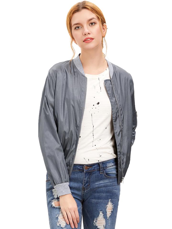 Romwe Grey Long Sleeve Zipper Pockets Jacket