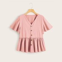 Romwe Plus Button Front Ruffle Hem Blouse