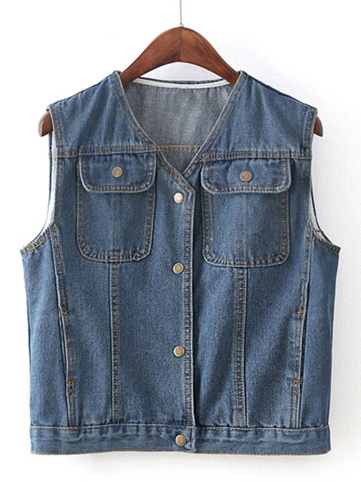Romwe V-neckline Sleeveless Denim Coat