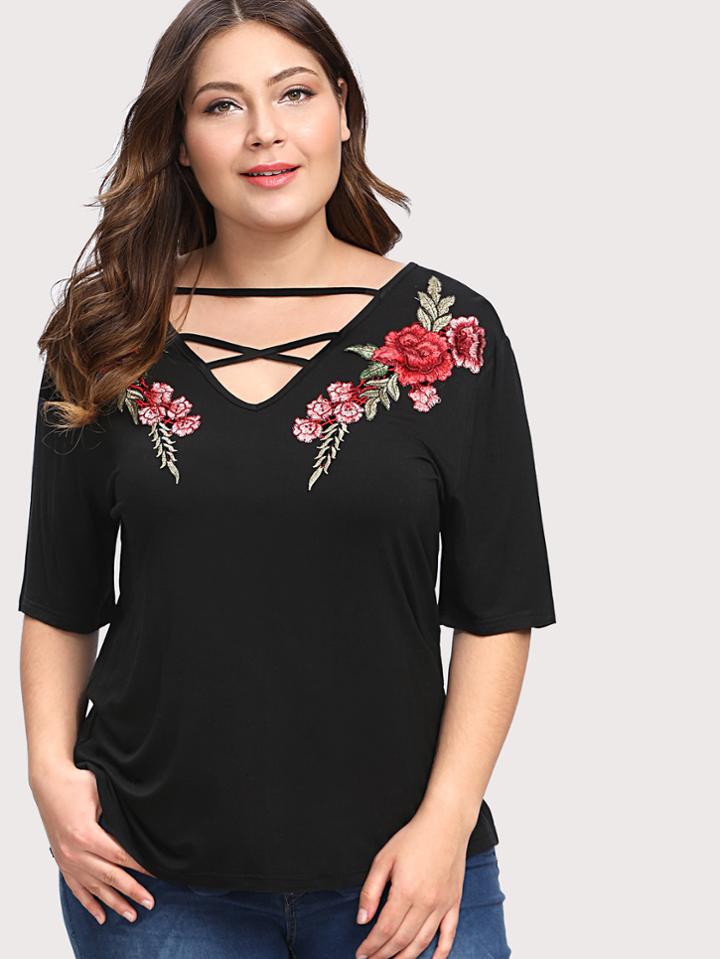 Romwe Crisscross V Neck Embroidery Applique Top