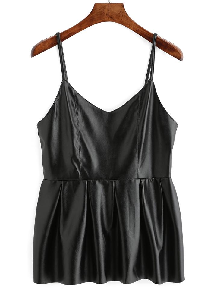 Romwe Spaghetti Strap Pu Black Cami Top