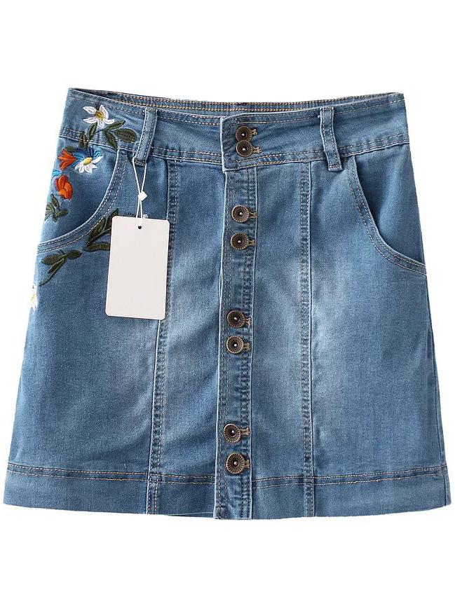 Romwe Blue Floral Embroidery Button Up Denim Skirt