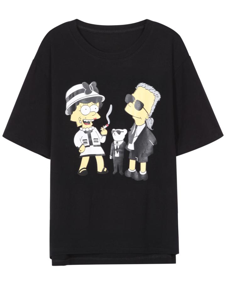 Romwe Round Neck Simpson Pattern Loose Black T-shirt