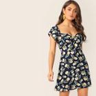 Romwe Tie Front Wide Waist Floral Print Dress
