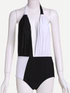 Romwe Black And White Color Block Plunge Halter One Piece Swimwear