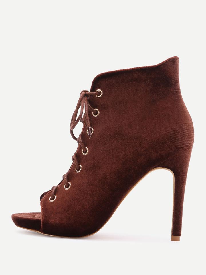 Romwe Brown Velvet Peep Toe Lace Up Pumps