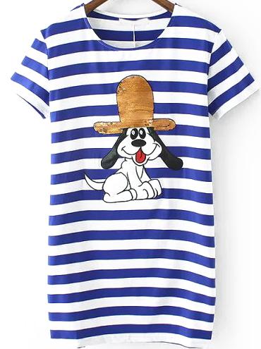 Romwe With Sequined Dog Pattern Striped Blue T-shirt