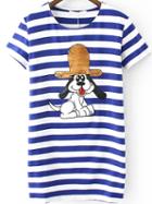 Romwe With Sequined Dog Pattern Striped Blue T-shirt